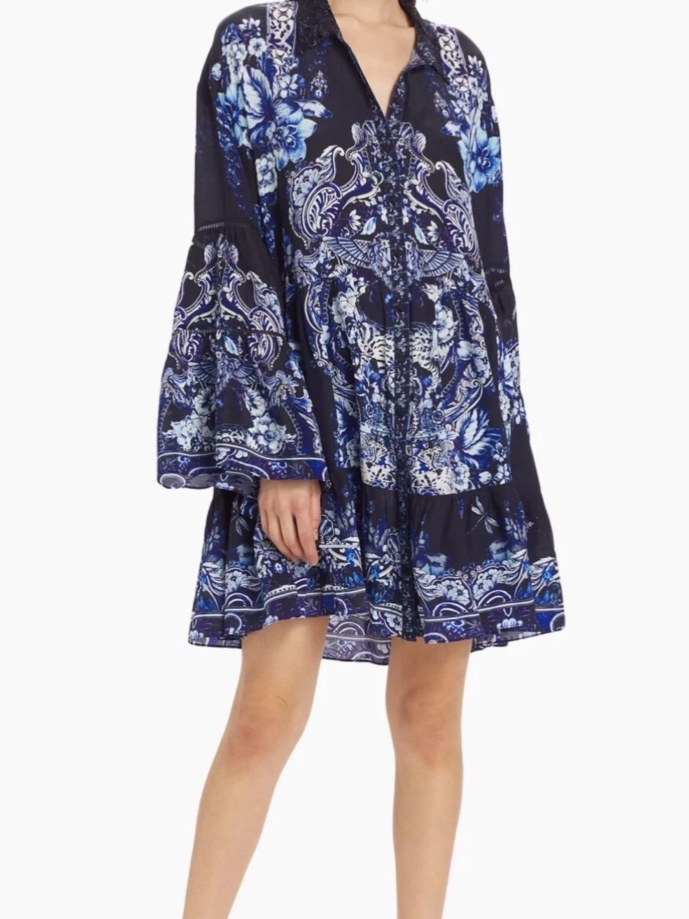 CAMILLA Silk Delft Dynasty Long Sleeve Short Dress Size Small Elegant